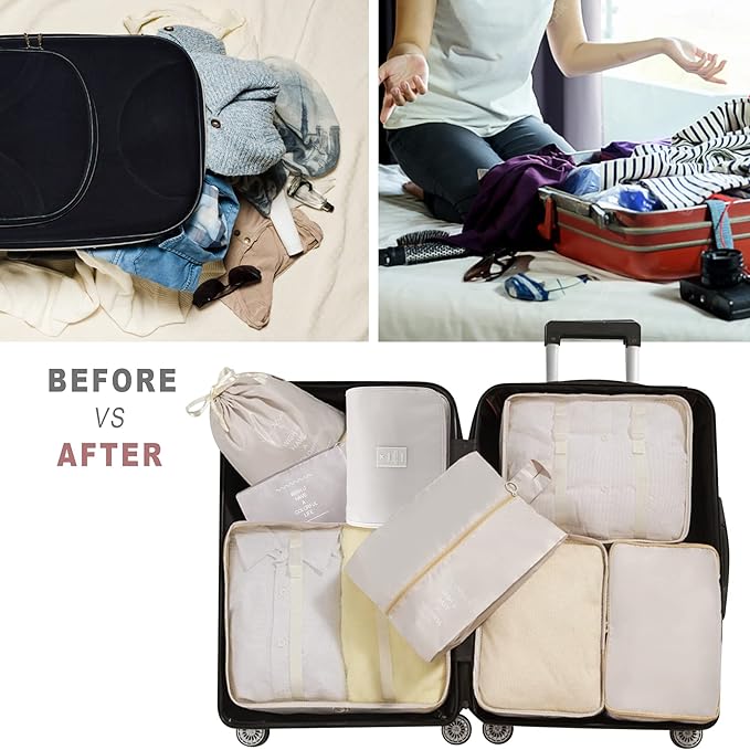 Packing Cubes, 8 Pcs Travel Packing Organizers for Suitcases, Large Capacity Travel Luggage Organizers Set includes 8 Storage Bags (Beige)