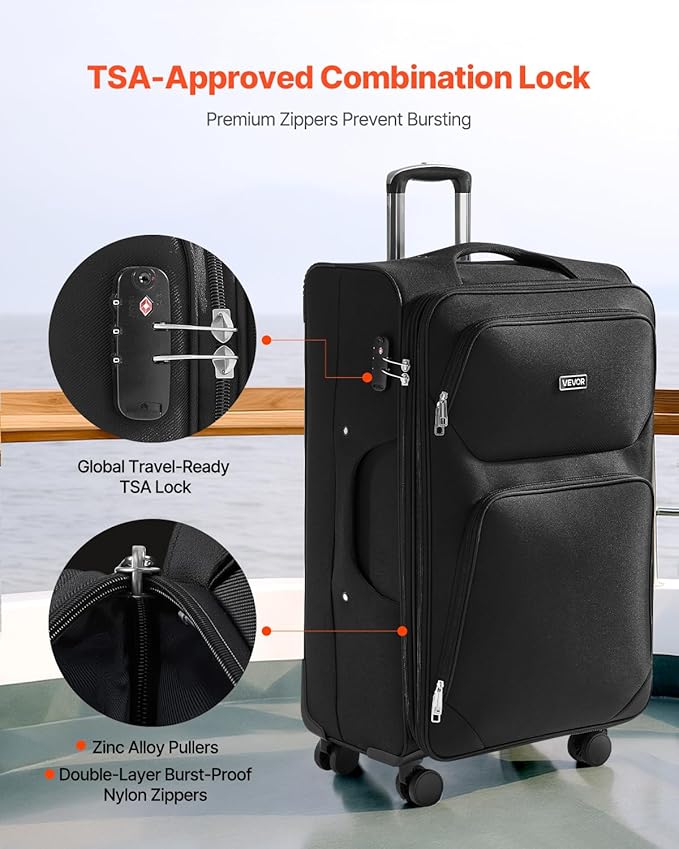 VEVOR Softside Expandable Luggage with Spinner Wheels, 28-Inch Softside Checked Large Luggage, Lightweight Checked Suitcase with Expandable Zippered Pocket and TSA Lock, Black