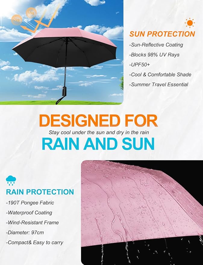 SoulRain Travel Umbrella - Compact Umbrella for Rain - Perfect Large Auto Folding Umbrella - Ideal Car umbrella, Small umbrella, and Travel Companion