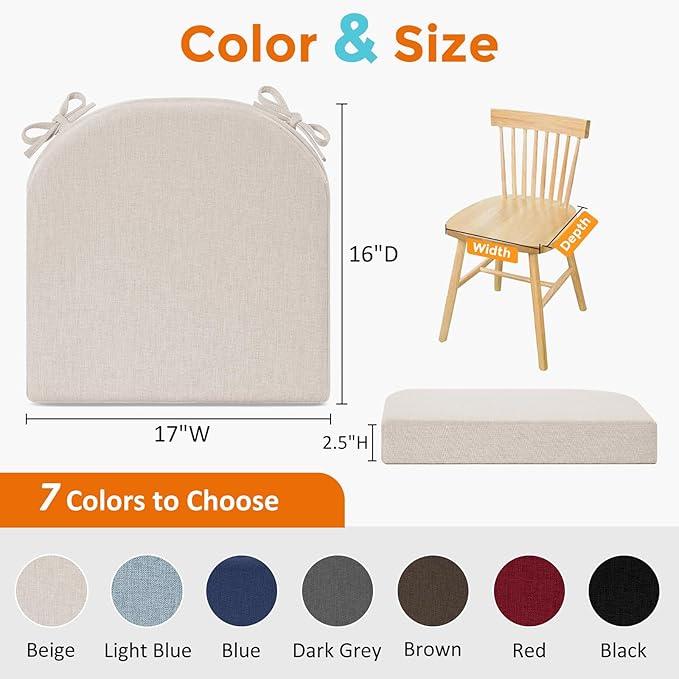 downluxe Chair Cushions for Dining Chairs, Memory Foam Linen Kitchen Chair Pads with Ties, Waterproof, Stain-Resistant and Washable Cover, 17" x 16" x 2.5", Beige, 4 Pack