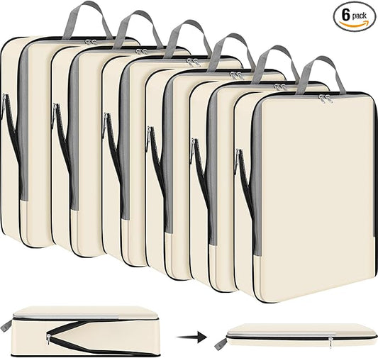 Hosuly 6 Pcs Ultralight Compression Packing Cubes for Travel 17.3 x 12.6'' XL Large Expandable Luggage Organizers for Save Space Family Long Trips (Beige)