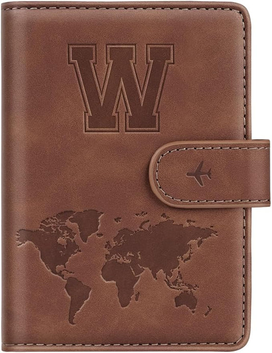 Passport Holder Wallet Cover Personalized Letter A-Z Travel Wallet RFID Blocking Passport Cover Wallet Case for Travel Passport Book Holders for Women and Men, Brown-W