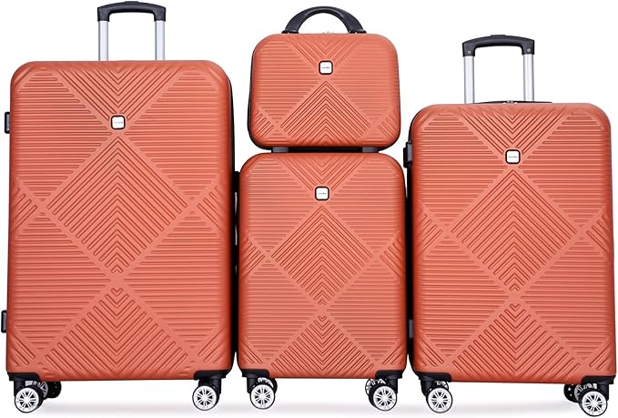 Luggage 4 Piece Set, Hardshell ABS Suitcase Set with Double Spinner Wheels, Lightweight Durable Luggage set, Carry On and Checked Travel Large Luggage, Orange