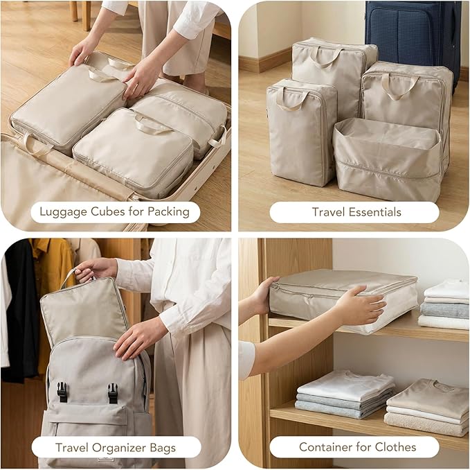 Packing Cubes for Travel,Space-Saving & Stylish Minimalist Design Lightweight,Traval Organizer Bags for Luggage，Compression Packing Cubes Set 4 - Gifts for Women Beige