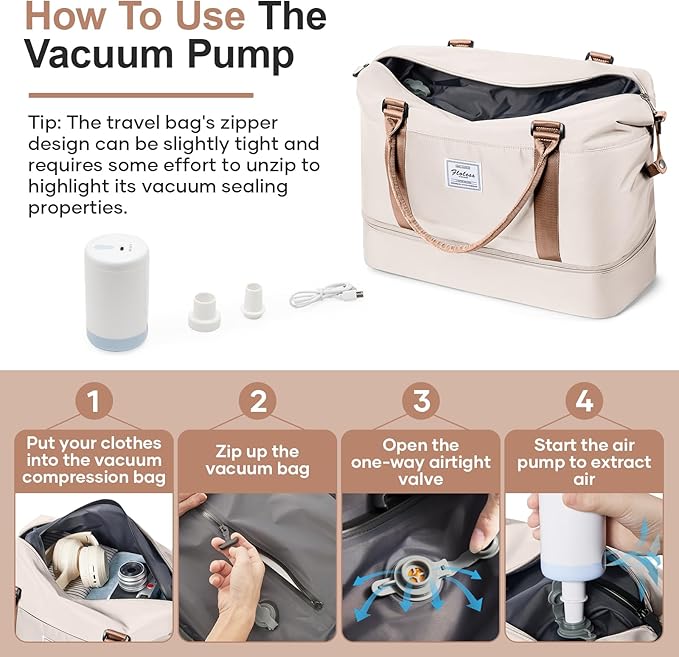Overnight Weekender Bags for Women,Vacuum Travel Duffel Bag with Air Pump, Personal Item Travel Bag with Shoes Compartment & Compression Pocket,Beige & Brown