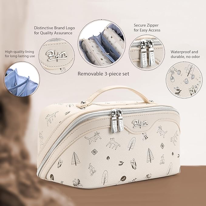 BOYATU Travel Makeup Bag Cosmetic Bags for Women: 3 Pcs Set Portable Make up Bag with Handle - PU Leather Toiletry Bags with Compartments - Makeup Organizer for Travel Essentials(L-4-White)