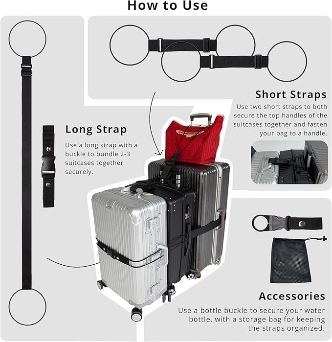 Luggage Straps 3 PCS for Suitcases TSA Approved 2 Short & 1 Long Adjustable Straps with Elastic Thick Rope for Connecting Suitcases and Bags Stably with Strap Buckle and Bottle Buckle Clip, Black
