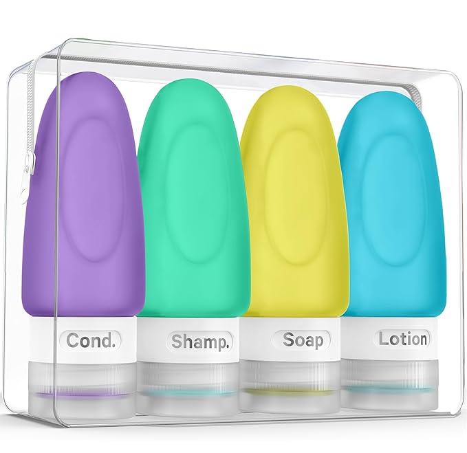 Dot&Dot Leak Proof Toiletry Bottles - 4 Pack Silicone Travel Bottles - Shampoo & Conditioner Container with TSA Quart Bag - 1 oz