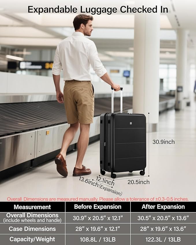 MILADA 28 Inch Large Checked Luggage, Expandable Hardshell Suitcase with 360° Spinner Wheels & TSA Lock, Durable Extra Large Rolling Trunk for Travel, International Vacation, Black