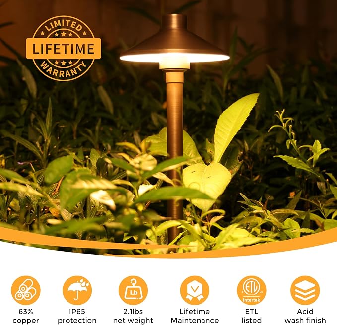 Solid Brass Low Voltage Landscape Pathway Lights (6.7'' Shade, 21.9'' Tall), 12V AC/DC Heavy Duty LED Path Lights Outdoor Wired, Antique Bronze Walkway Lights Without G4 Bulb, 6 Pack