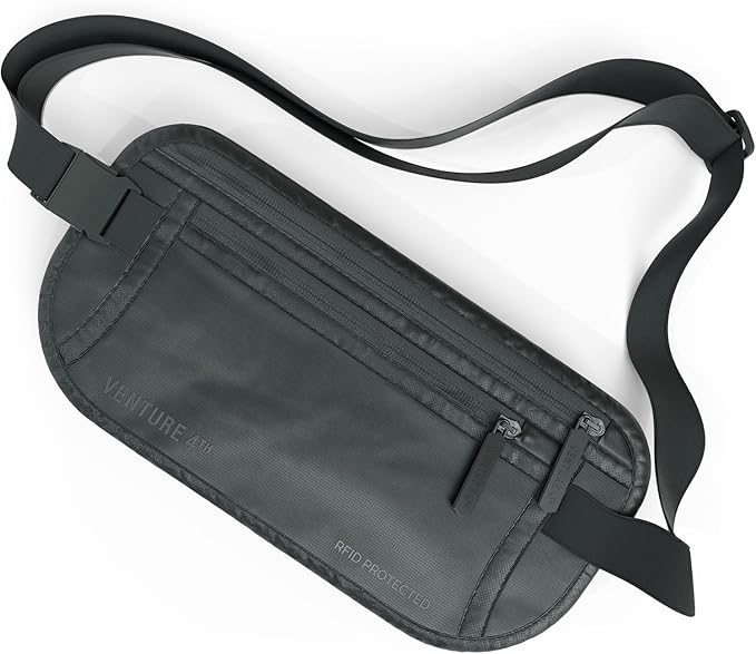 VENTURE 4TH Money Belt for Travel – Hidden Under-Clothes RFID Blocking Passport Holder & Slim Travel Wallet Pouch for Men & Women to Protect Cash, Cards & Documents (Sleek Gray)