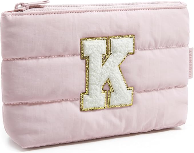 BAGSMART Personalized Makeup Bag with Initial, Pink Small Cosmetic Travel Organizer, Water-Resistant Pouch for Women & Teens for Bridesmaid Graduation (Initial-K, Small)