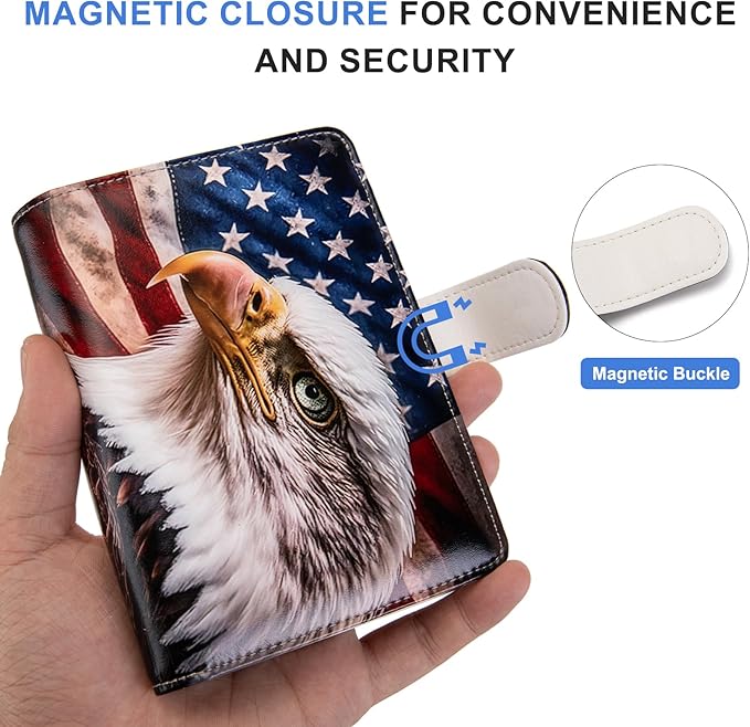 Passport Holder for Travel Essentials, RFID Blocking Passport Wallet Cover with Magnetic Closure, Passport Book Holders for Women and Men (American Flag Bald Eagle)