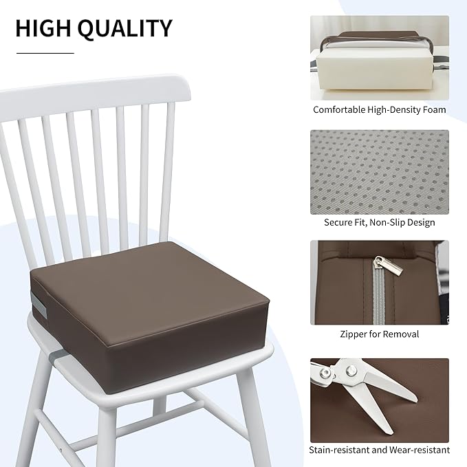 Toddler Booster Seat Dining Table Kitchen Chair, Waterproof Anti-Scratch PU Cushion, Non-Slip Bottom, Adjustable Buckle Straps, Easy Clean Portable Seat Cushion (Dark Brown)