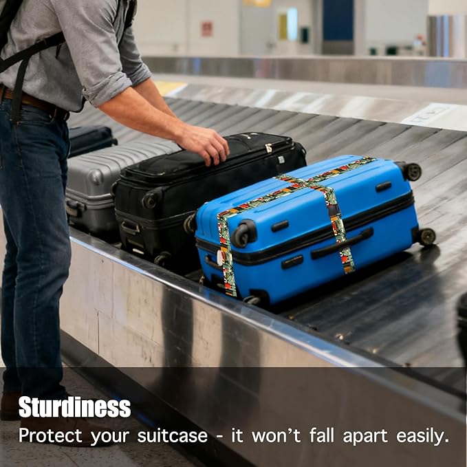 Nuxovilar Luggage Straps of 2 Set Travel Elements Pattern, 1.96x90.5 inches - Luggage Straps for Suitcases, Perfect for Vacation, Beach Trips, Travel Enthusiasts