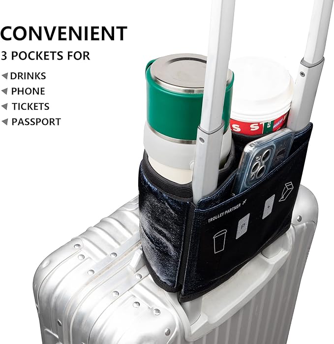 riemot Luggage Travel Cup Holder Free Hand Drink Carrier - Hold Two Coffee Mugs - Fits Roll on Suitcase Handles - Gifts for Flight Attendants Travelers Accessories Glitter Navy