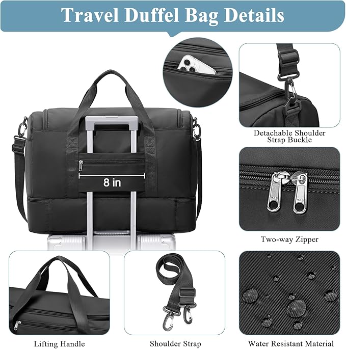 Travel Duffel Bag for Women, Carry-on Overnight Weekender Bags with Wet Pocket & Toiletry Bag, For Spirit Airlines 18x14x8 Personal Item Bag,Small,Black