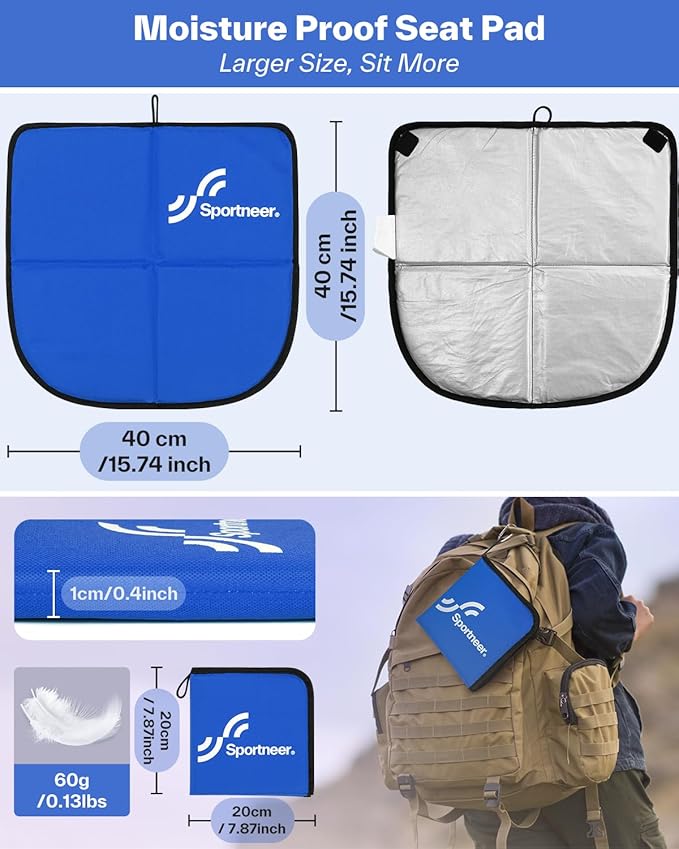 Sportneer Sitting Pad: Lightweight Waterproof Folding Seat Pad for Backpacking, 15.75'' x 15.75'' Portable Camping Seat Mat for Hiking, Picnics Beach & Outdoor Use, 0.13lbs