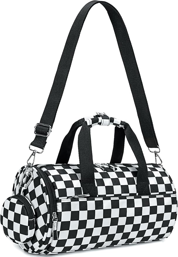 Mini Gym Bag for Women Girls Cute Small Duffle Bag 12'' with Multifunctional Pockets Workout Sport Bags Dance,Fitness,Yoga (Balck-white checkered)