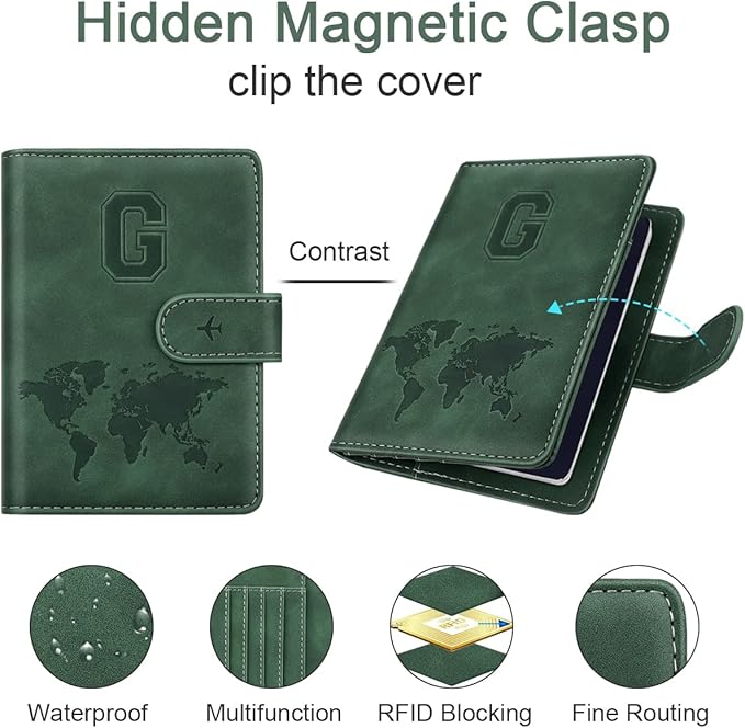 Personalized G Passport Holder Cover Initial Letter Travel Wallet RFID Blocking Passport Cover Credit Card Holder Case Passport Book Holders for Women and Men, Pine Green-G