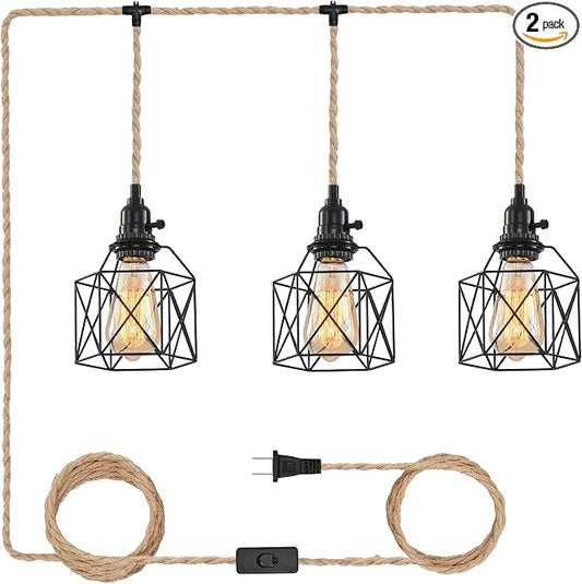 3-Light Hanging Light with Plug in Cord,Plug in Pendant Light Hemp Rope Pendant Lighting Vintage 3-Light Hanging Lamp Fixtures for Kitchen Island Living Room Bedroom