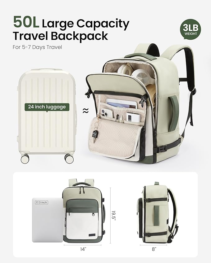 LOVEVOOK Travel Backpack for Women & Men, 50L Large Airline Approved Carry on Backpack for Travel, TSA Personal Item Travel Bag with 3 Packing Cubes, Waterproof Travel Essentials Bag fits 17" Laptop