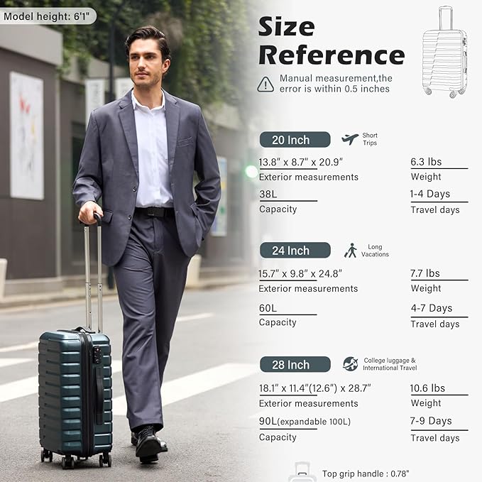 Coolife Medium Checked Luggage with Spinner Wheels, Hardside Suitcase TSA Lock Lightweight Travel Luggage 24-inch,Teal Blue