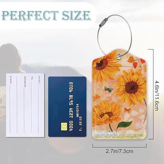 Sunflowers Luggage Tags Set of 2 Butterfly Retro Leather Suitcase Tags with Stainless Steel Loop and Privacy Cover for Women Men Travel Luggage Accessories