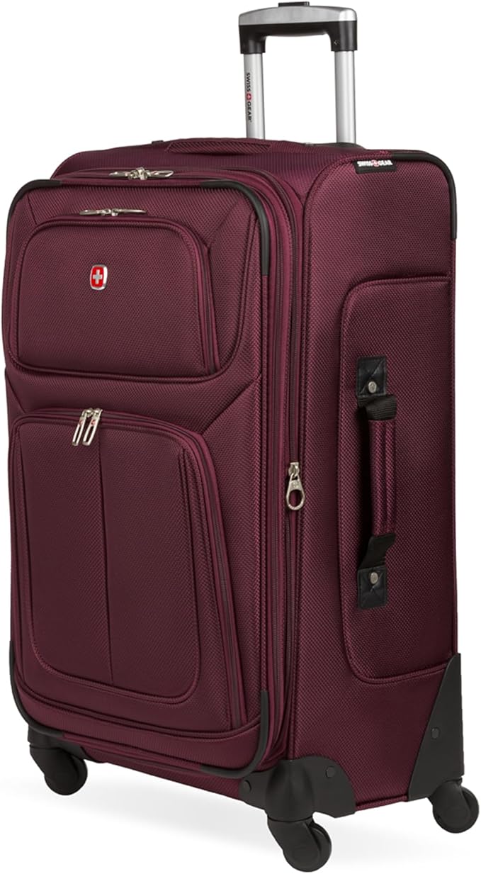 SWISSGEAR Sion Softside Expandable Spinner Luggage Durable Lightweight Travel Suitcase, Merlot, Checked-Medium 25-Inch