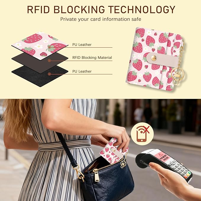 Jogjam Strawberry Rfid Girls Girly Teen Wallet, Small Slim Thin Compact Travel Credit Card Women Wallet, Cute PU Leather Bifold Cash Zipper Coin Pocket ID Window for Female Ladies Gifts
