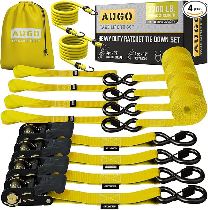 AUGO Ratchet Straps Heavy Duty 4 Pack -15 FT - 2200 LB Break Strength – Ratchet Tie Down Straps with Safety Lock S Hooks - Cargo Straps for Moving, Appliances, Motorcycle – Soft Loop Tie Down Straps