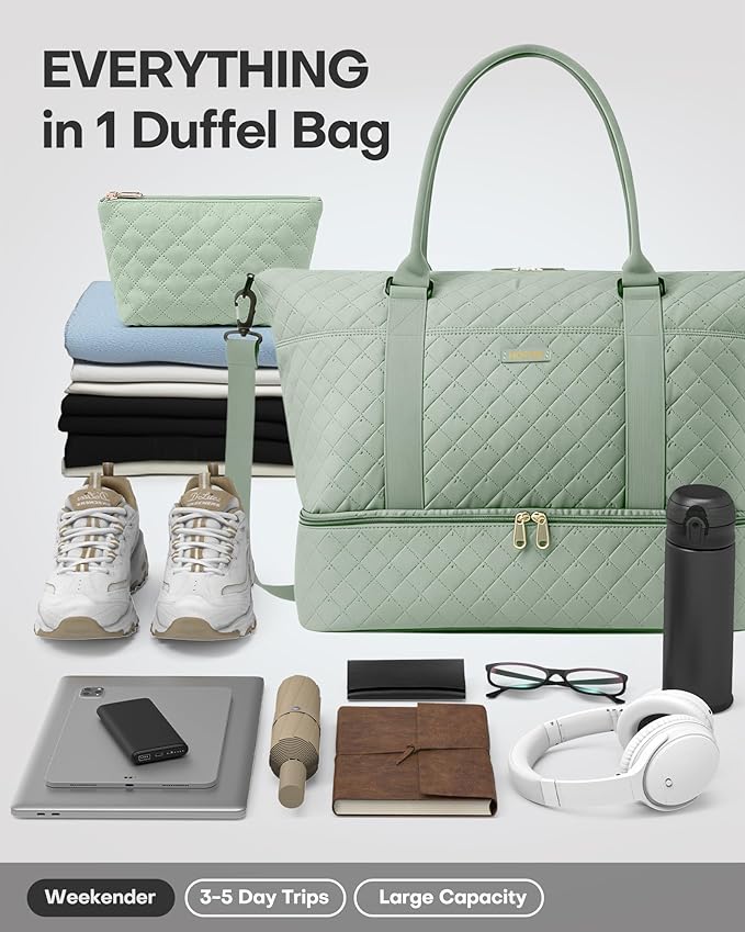 HOTOR Travel Duffel Bag - Weekender Bags for Women, Gym Tote Bags with Shoe Compartment, Carry On Overnight Bag with Toiletry Bag for Travel Essentials and Travel Accessories, Green, 15.8"×18.1"×8.7"