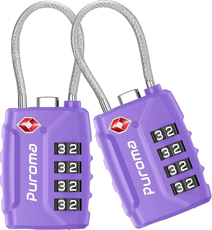 Puroma 2 Pack TSA Approved Luggage Locks, 4 Digit Combination Travel Cable Locks Resettable Code Lock with Zinc Alloy Body for Suitcase, Toolbox, Backpack, Bag, Gym Locker (Basic Purple)