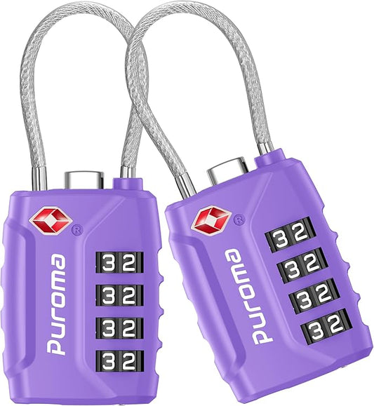 Puroma 2 Pack TSA Approved Luggage Locks, 4 Digit Combination Travel Cable Locks Resettable Code Lock with Zinc Alloy Body for Suitcase, Toolbox, Backpack, Bag, Gym Locker (Basic Purple)