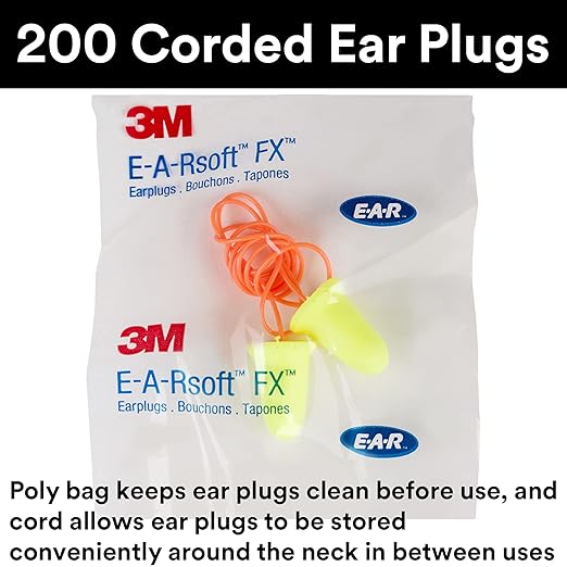 3M Ear Plugs, 200 Pairs/Box, E-A-Rsoft FX 312-1260, Corded, Disposable Foam Earplugs, Noise Reduction Rating NRR 33, Drilling, Grinding, Machining, Sawing, Sanding, Welding, 1 Pair per Poly Bag