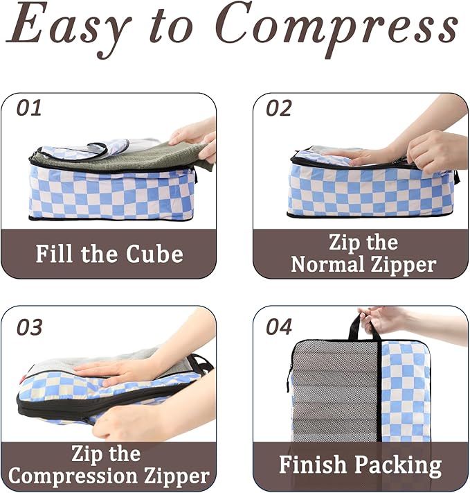 U+U 4 Set Compression Packing Cubes - Ultralight Travel Organizers, Space-Saving Suitcase Organizer, Expandable Packing Cubes for Travel, Business Trip and Family Vacation (Blue Checkered)