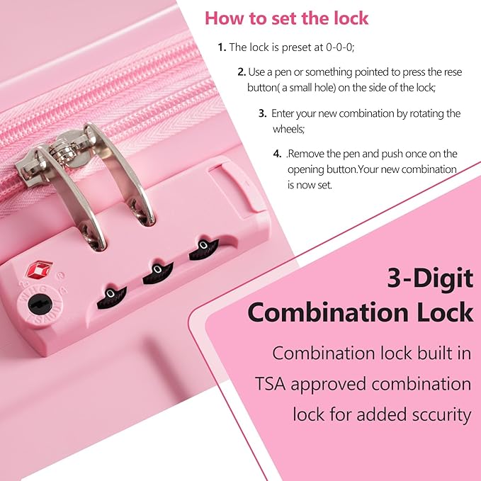 28 Inch Checked-Large Luggage, Lightweight ABS Hard Shell Suitcase with Spinner Wheels, Expandable Travel Luggage with Combination Lock & Side Hooks for Men Women (Pink., 24)