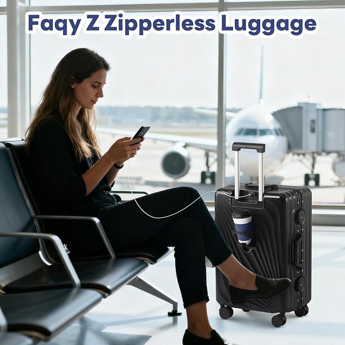 20 Inch Carry On Luggage, Zipperless Luggage with Spinner Wheels, Airline Approved Suitcase with Cup Holder, TSA Lock and USB Charger for Travel, Black