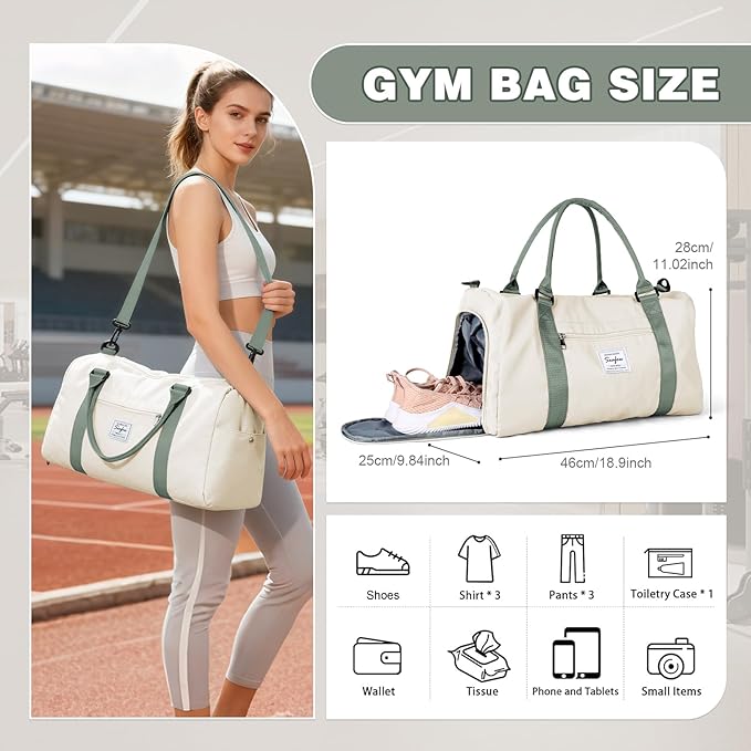 Weekender Duffel Bags for Women & Men - Airplane Travel Totes with Wet Pocket & Shoe Compartment - Labor & Delivery Hospital Bag, Beige Green