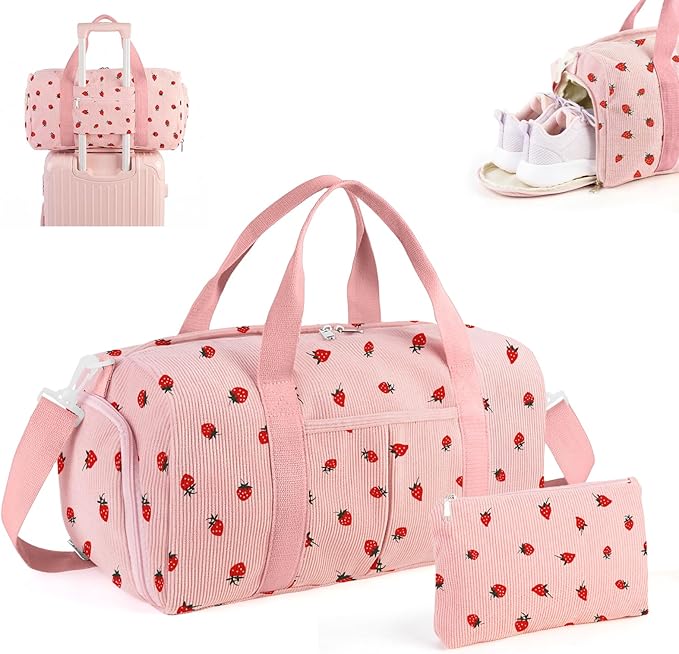 2PCS Cute Gym Bag for Girls, Corduroy Duffle Bag with Wet Pocket & Shoe Compartment and item bag, Duffle Bag for Travel, Sports, Fitness & Workout