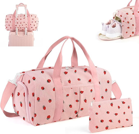 2PCS Cute Gym Bag for Girls, Corduroy Duffle Bag with Wet Pocket & Shoe Compartment and item bag, Duffle Bag for Travel, Sports, Fitness & Workout