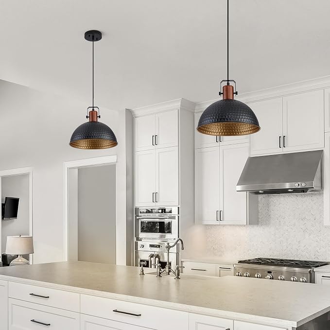 12 Inch Black Pendant Lights Hammered Matte Pendant Lights for Kitchen Island Industrial Farmhouse Adjustable Height Dome Hanging Light Fixtures for Barn, Dining Room 2 Packs