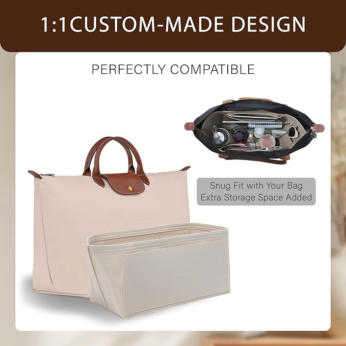 Premium Felt Purse Organizer Insert for Longchamp Le Pliage, Zipper Long Champ Bag Organizer Insert with Cup Holder, 9 Compartments