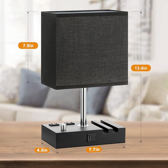 Black Bedside Table Lamps Set of 2 - Dimmable, USB C+A, 2 AC Outlets | Dimming By Rotary Knob, USB C+A Ports, 2 Phone Stands, LED Bulbs Included, Rectangle Black Lampshade, for Living Room, Desk