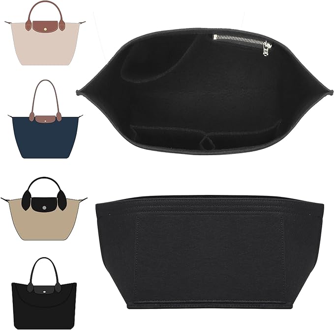 Doxo Longchamp Organizer Insert Medium, Felt Bag Organizer with Cup Holderp,Suitable for Le pliage M Tote Bag and More(Black,M)