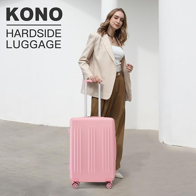 Kono Lightweight 24 Inch Expandable Luggage with Quiet Spinner Wheels TSA Lock, Scratch and Drop Resistant PC+ABS Hardside Durable Medium Checked Suitcase, Pink