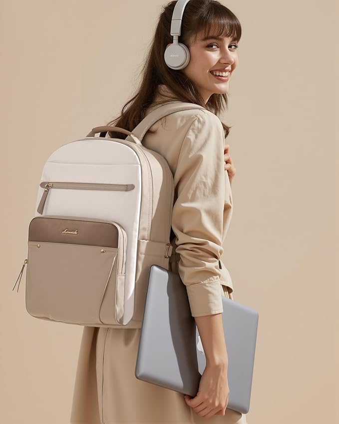 LOVEVOOK Laptop Backpack for Women with Leather Trim & Tumbler Pockets, 15.6" Work Backpack Purse, Travel Personal Item Bag, Carry On Business Computer Bag for Office, School, or Gift, Soft Taupe