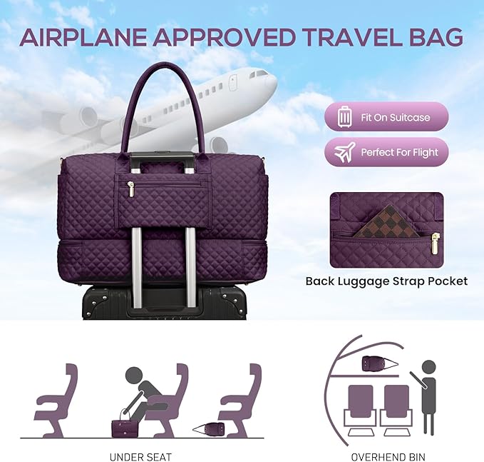 Travel Duffle Weekender Bags for Women - Carry on Overnight with Shoe Compartment Duffle Bag Hospital Bag Dark Purple