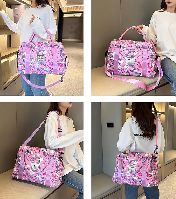 Travel Duffle Bag Weekender Overnight Bag Gym Tote with Wet Pocket for Women Girls Shoulder Workout Duffel Bag Water Resistant (W-Rainbow Unicorn+Toiletry Bag)