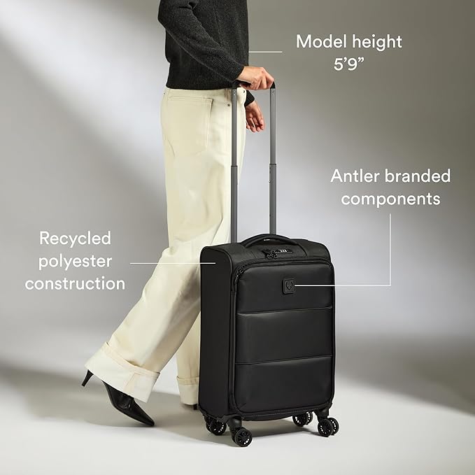 ANTLER - Soft Stripe Carry On Luggage 22x14x9 Airline Approved - Cabin Suitcase with Expander, Adjustable Handle, 4 Spinner Wheels, Lightweight, TSA Lock - Recycled Polyester Luggage - Black